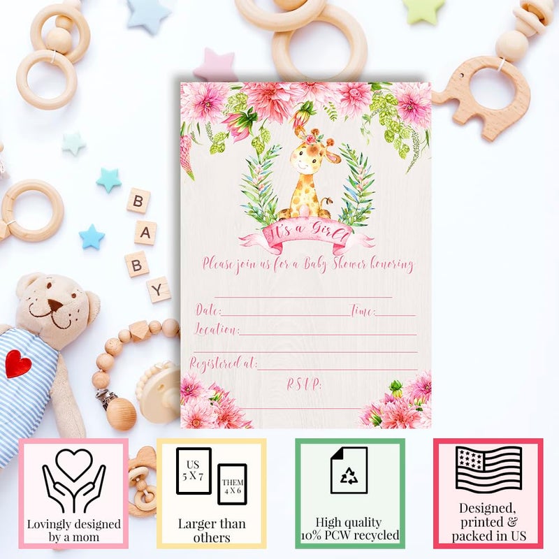 Amanda Creation Watercolor Dahlia Floral Giraffe-Themed Baby Girl Sprinkle Shower Invitations, 20 5x7 Fill In Cards with Twenty White Envelopes by AmandaCreation - Image 3